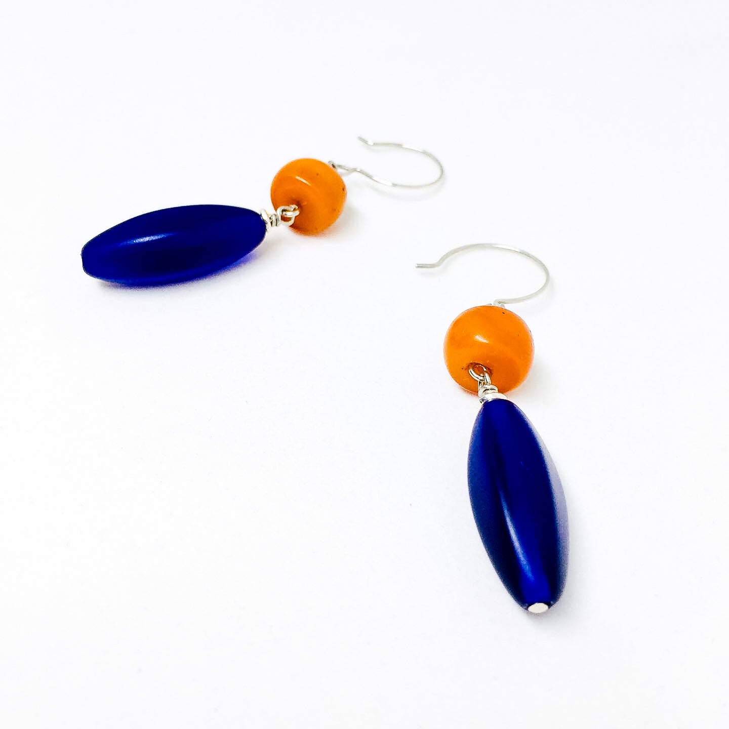 Contrasting orange resin and cobalt Czech glass drop earrings