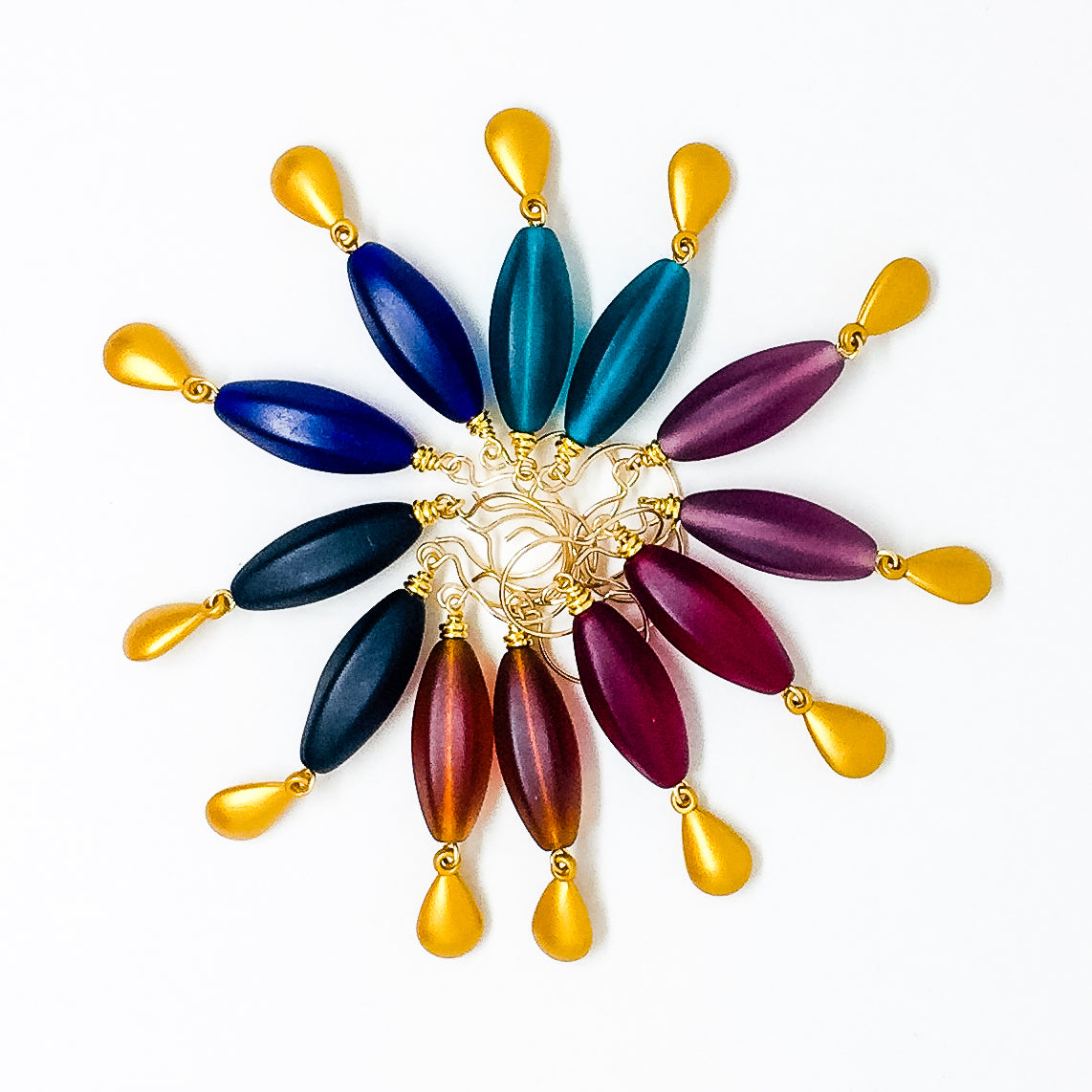 Frosted Czech glass bead drop earrings with gold charm in six colors