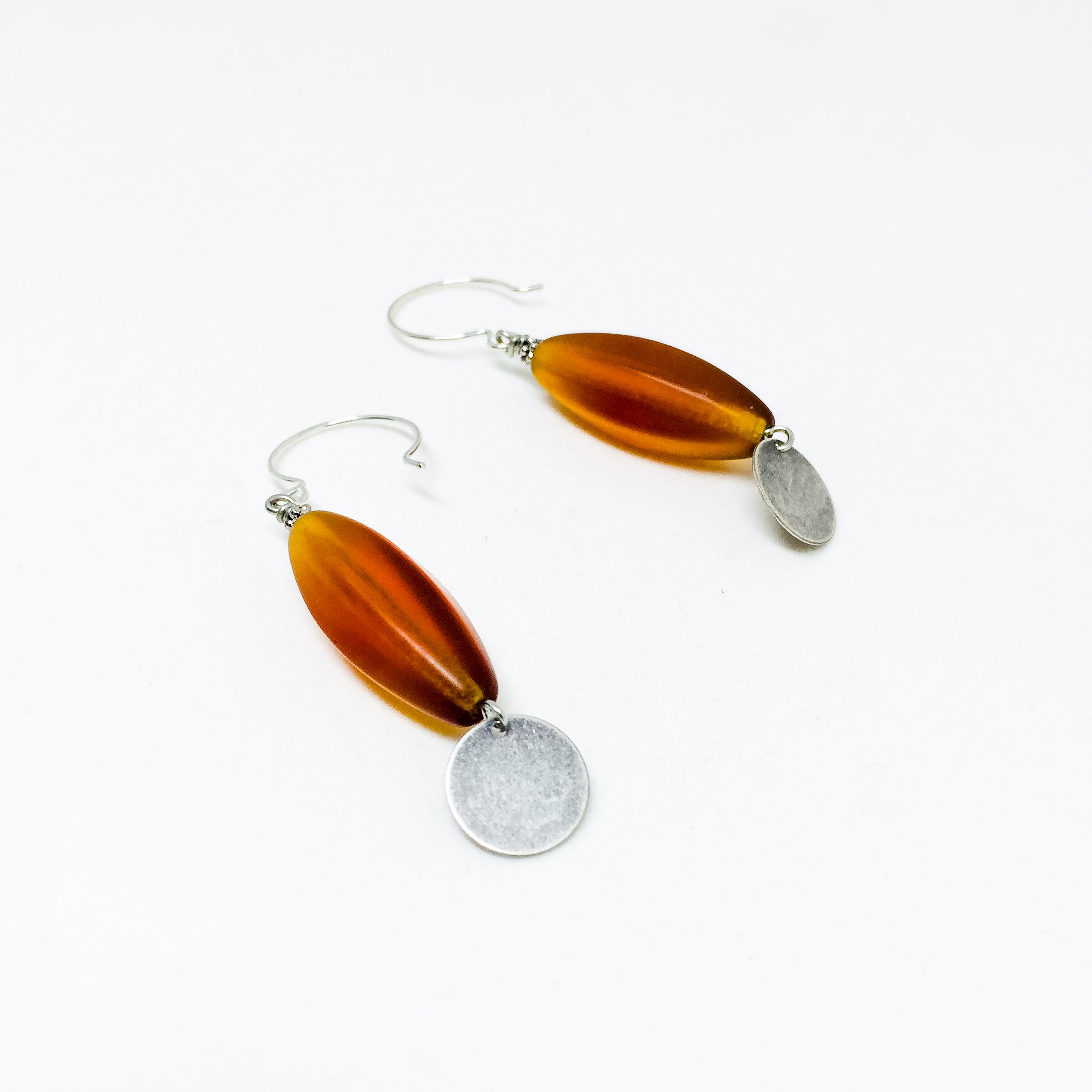 Frosted Czech glass bead drop earrings in amber frost