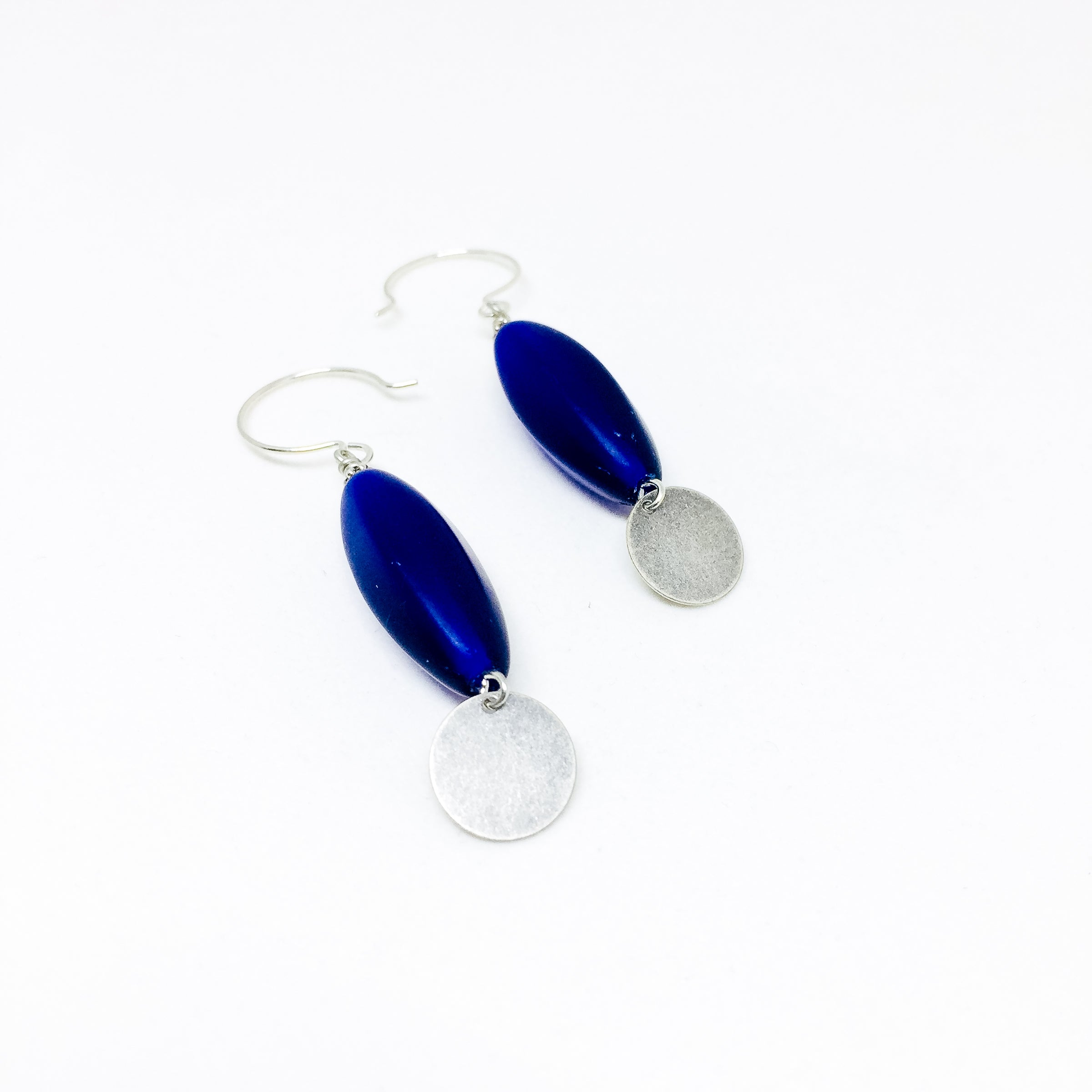 Frosted Czech glass bead drop earrings in cobalt frost