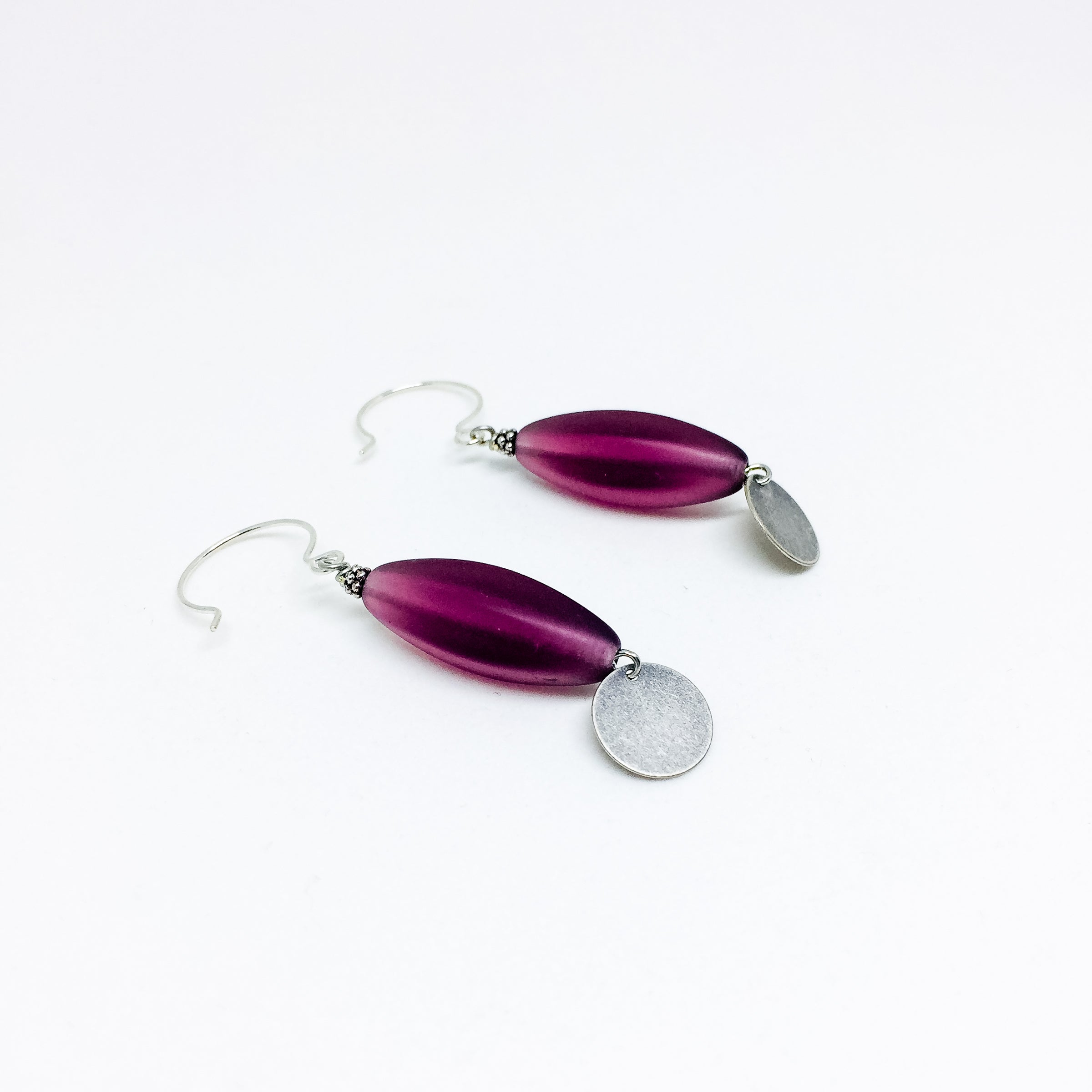 Frosted Czech glass bead drop earrings in plum frost