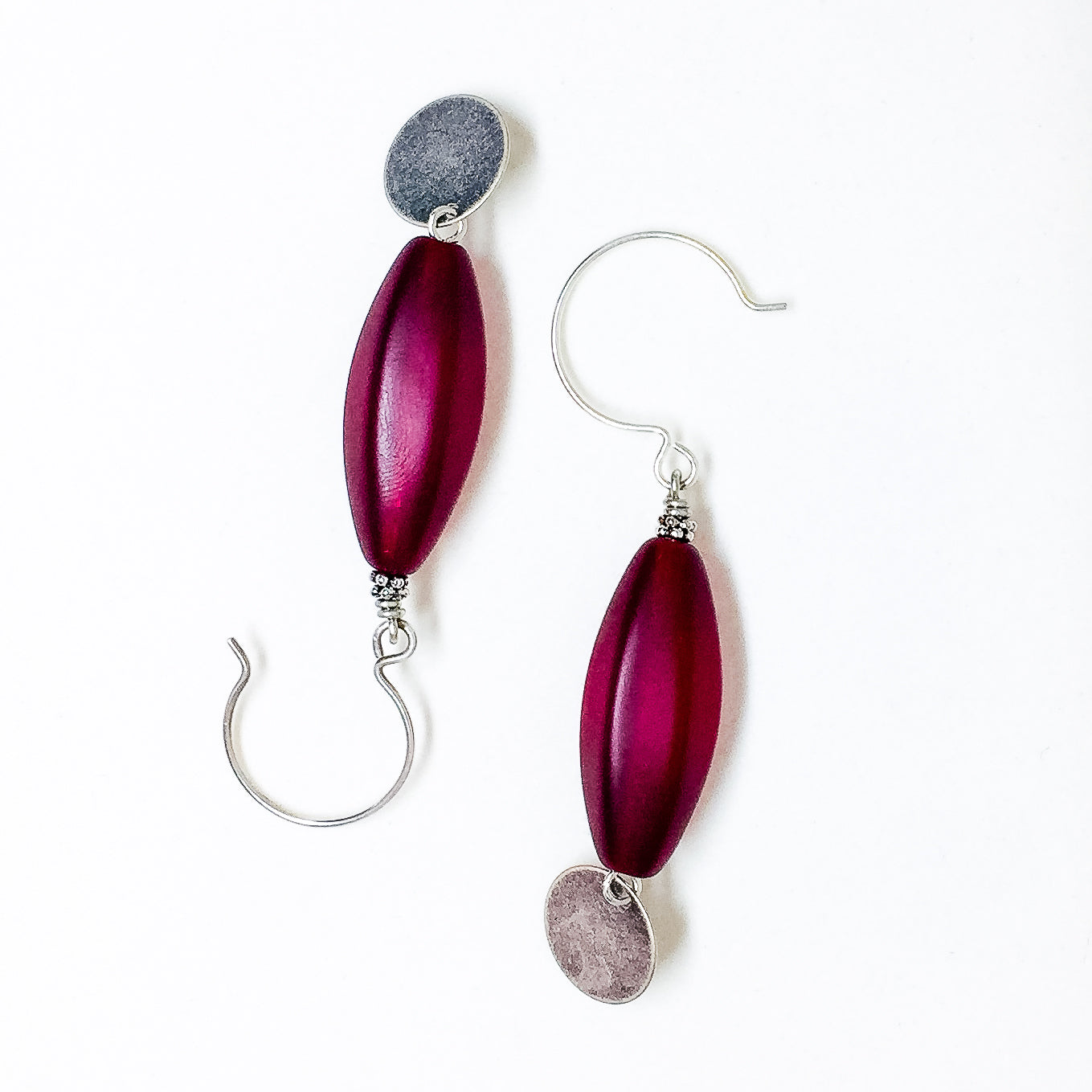 Frosted Czech glass bead drop earrings in red frost