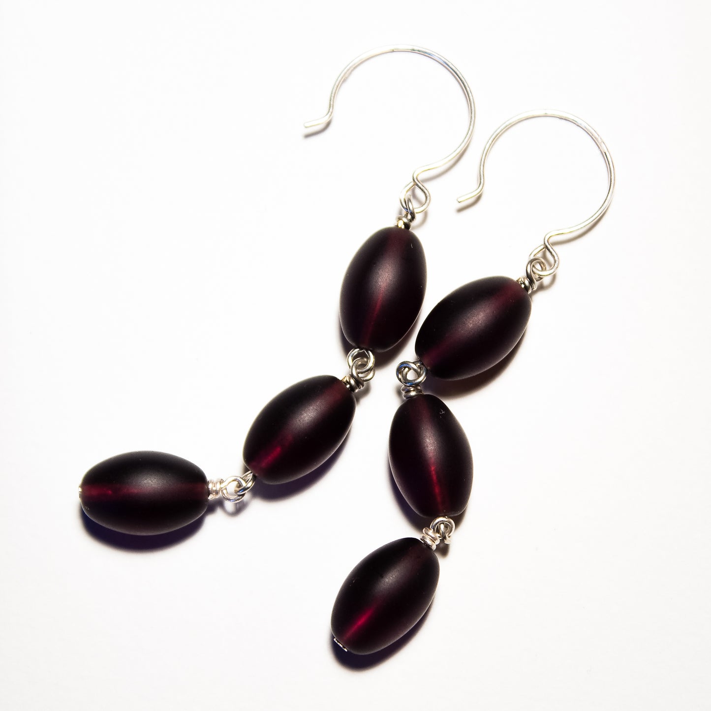 Frosted Czech glass bead drop earrings in plum frost