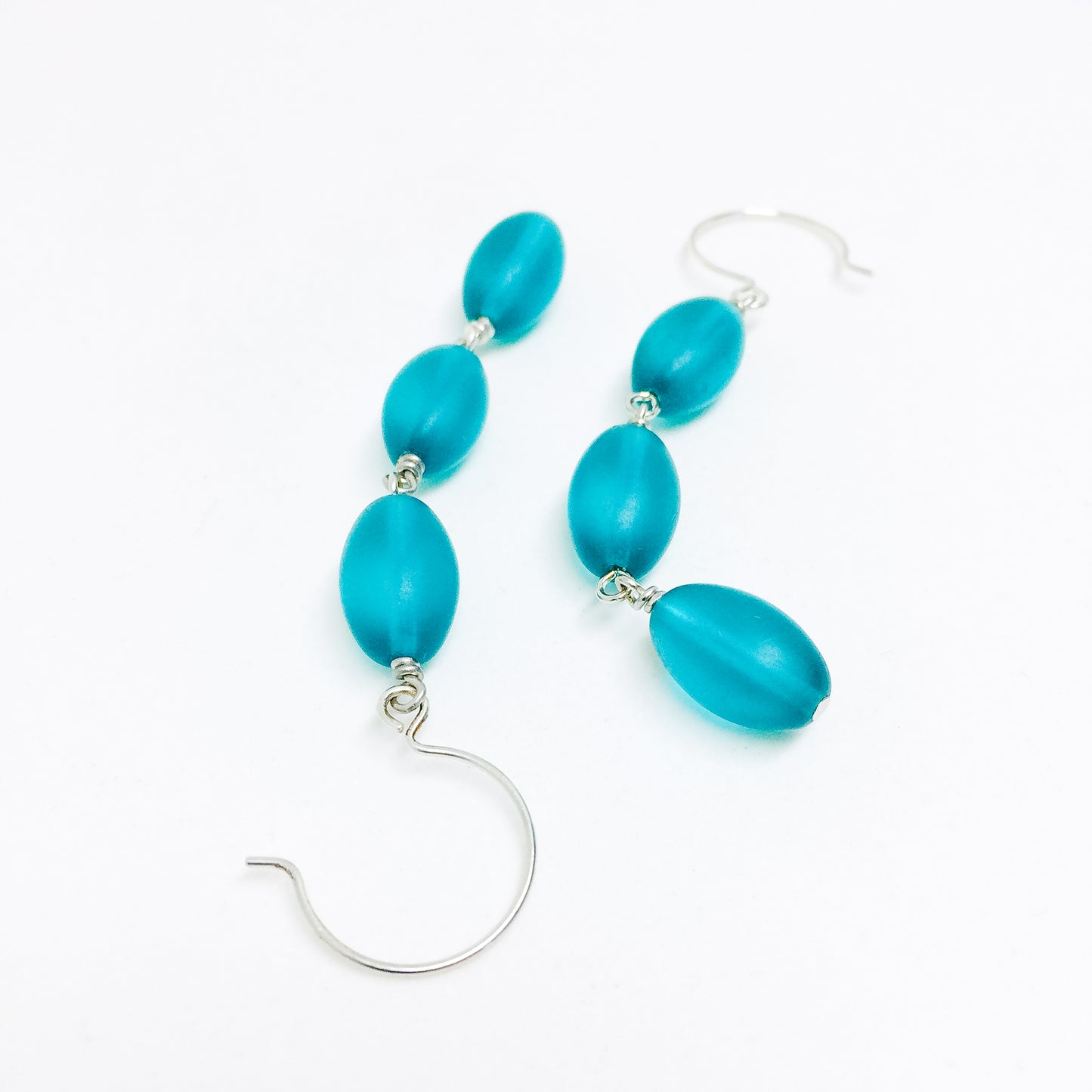 Frosted Czech glass bead drop earrings in teal frost