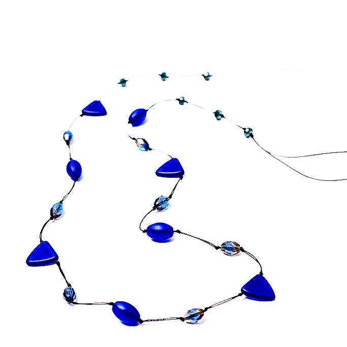 Frosted Czech glass long triangle cobalt blue necklace
