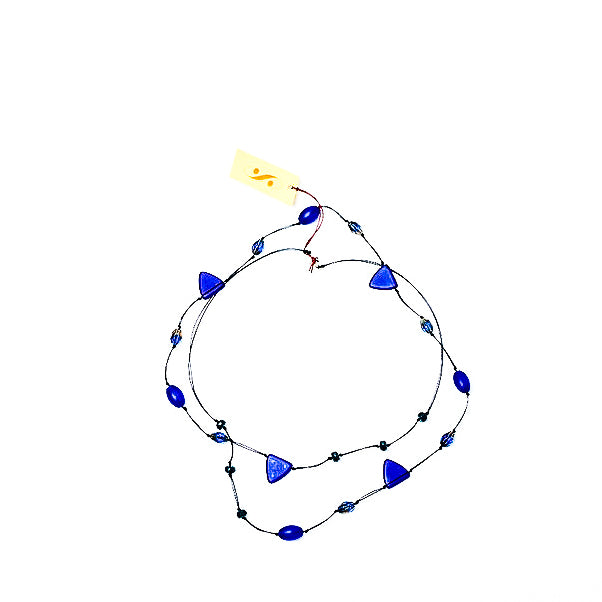 Frosted Czech glass long triangle cobalt blue necklace, doubled