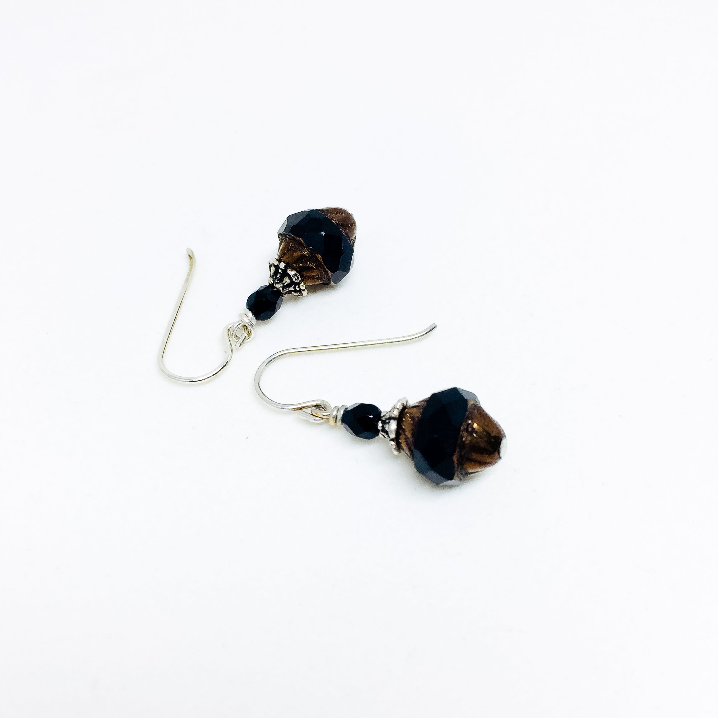 Czech glass earrings cathedral faceted band jet