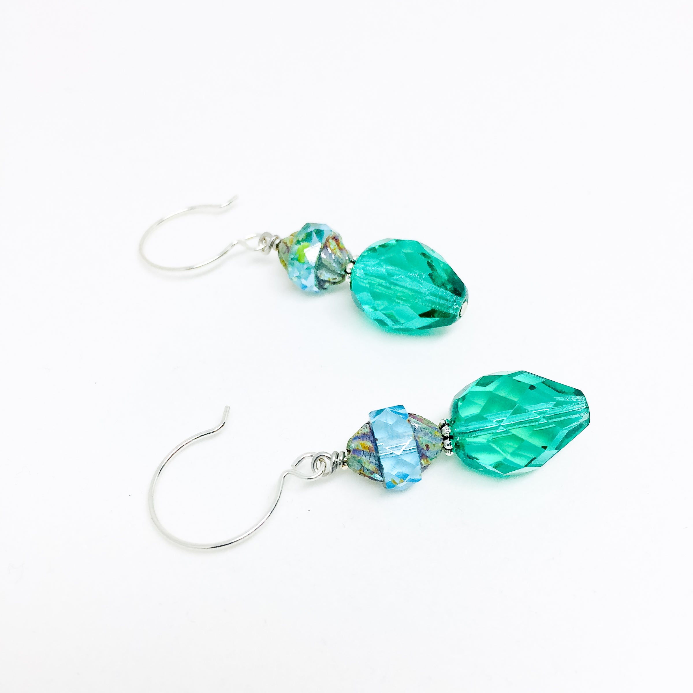 Czech glass earrings double facet all teal