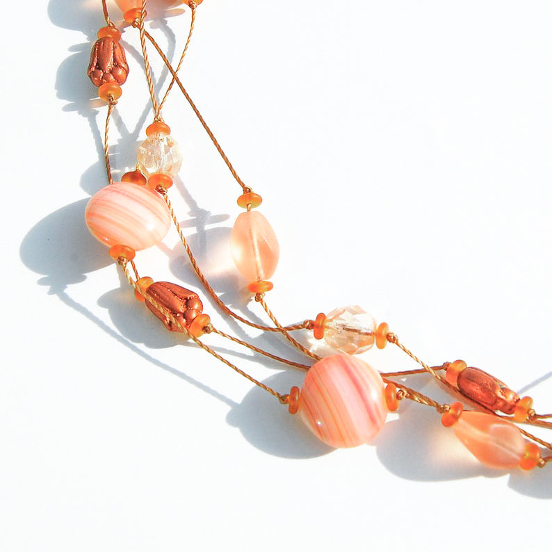 Coral Czech glass handmade beaded multi-strand necklace detail close-up