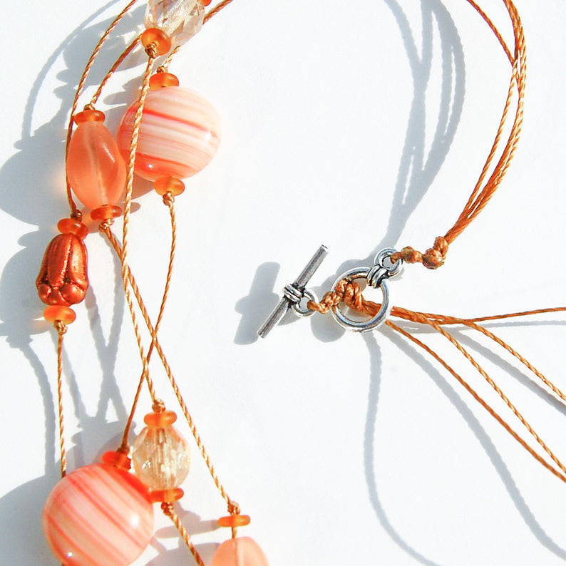 Coral Czech glass handmade beaded multi-strand necklace toggle clasp detail