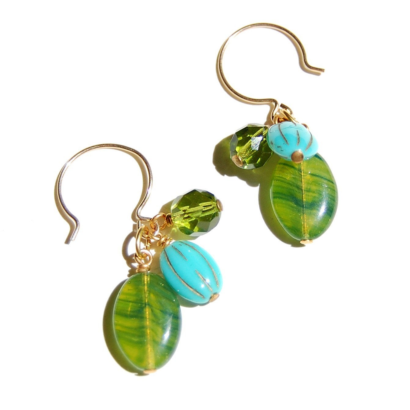 Triple drop cluster earring with Czech glass beads in greens and blue