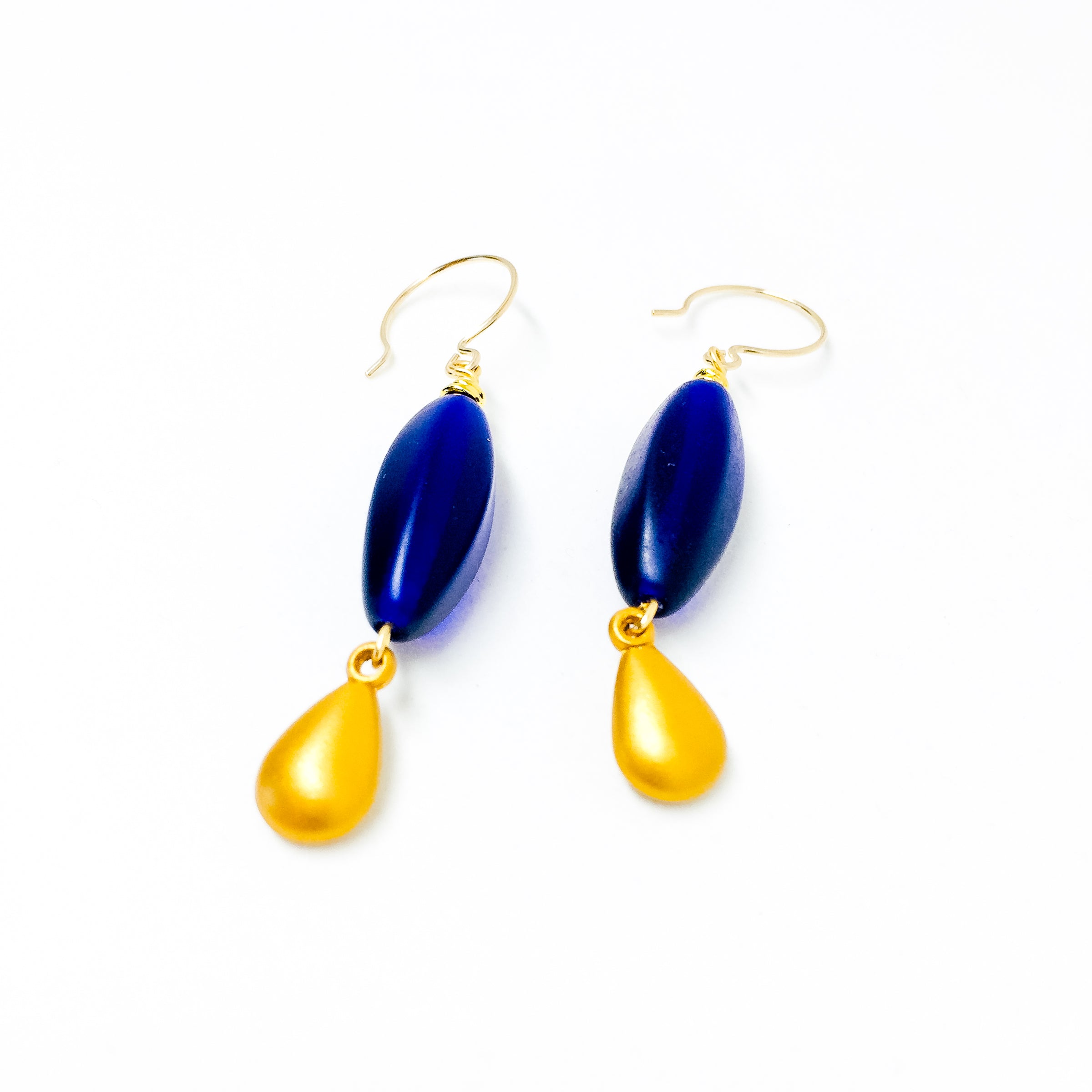 Blue Frosted Czech glass bead drop earrings with gold charm