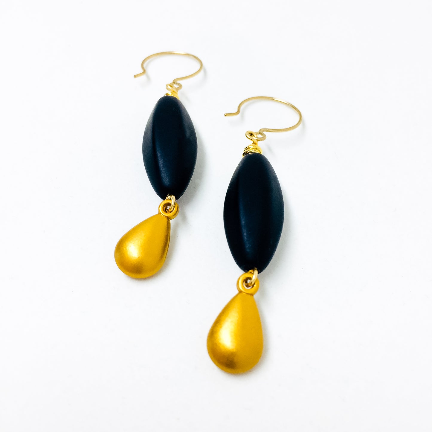 Black Frosted Czech glass bead drop earrings with gold charm