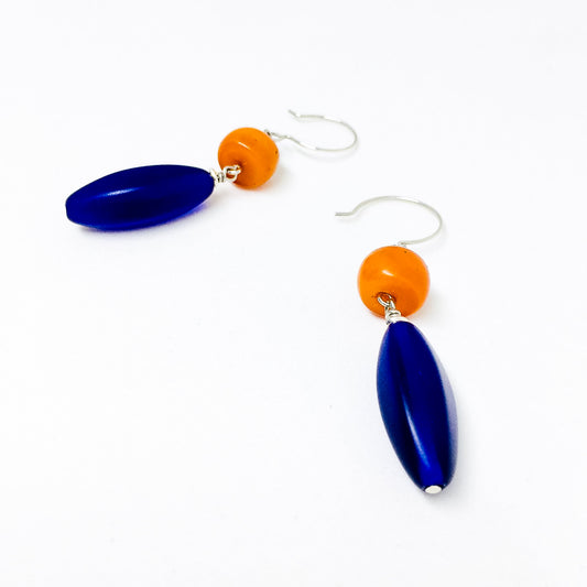 Contrasting orange resin and cobalt Czech glass drop earrings