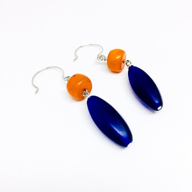 Contrasting orange resin and cobalt Czech glass drop earrings alternate view
