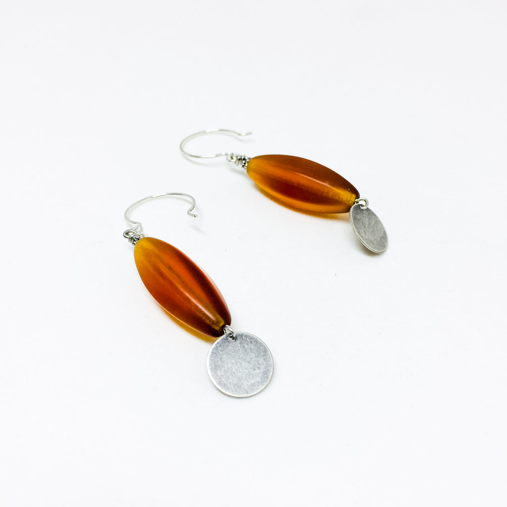 Frosted Czech glass bead drop earrings in amber frost