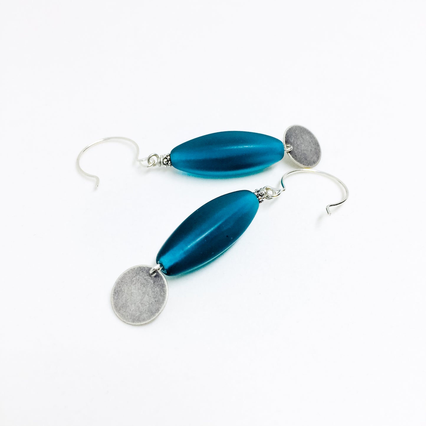 Frosted Czech glass bead drop earrings in teal frost