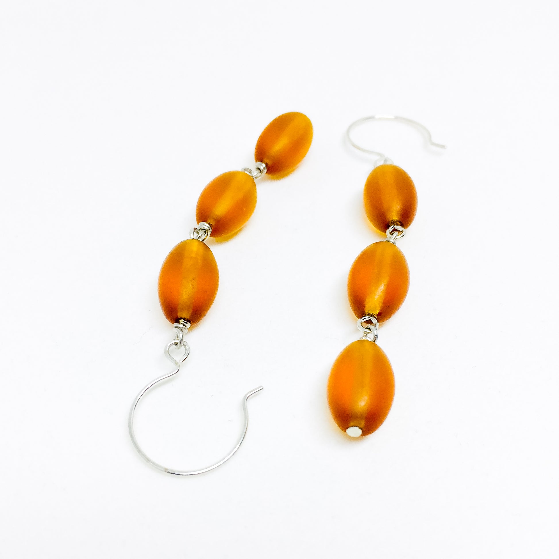 Frosted Czech glass bead drop earrings in amber frost