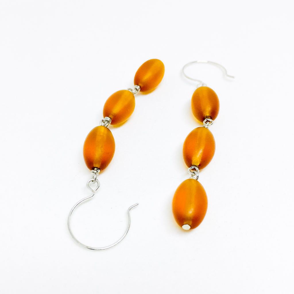 Frosted Czech glass bead drop earrings in amber frost