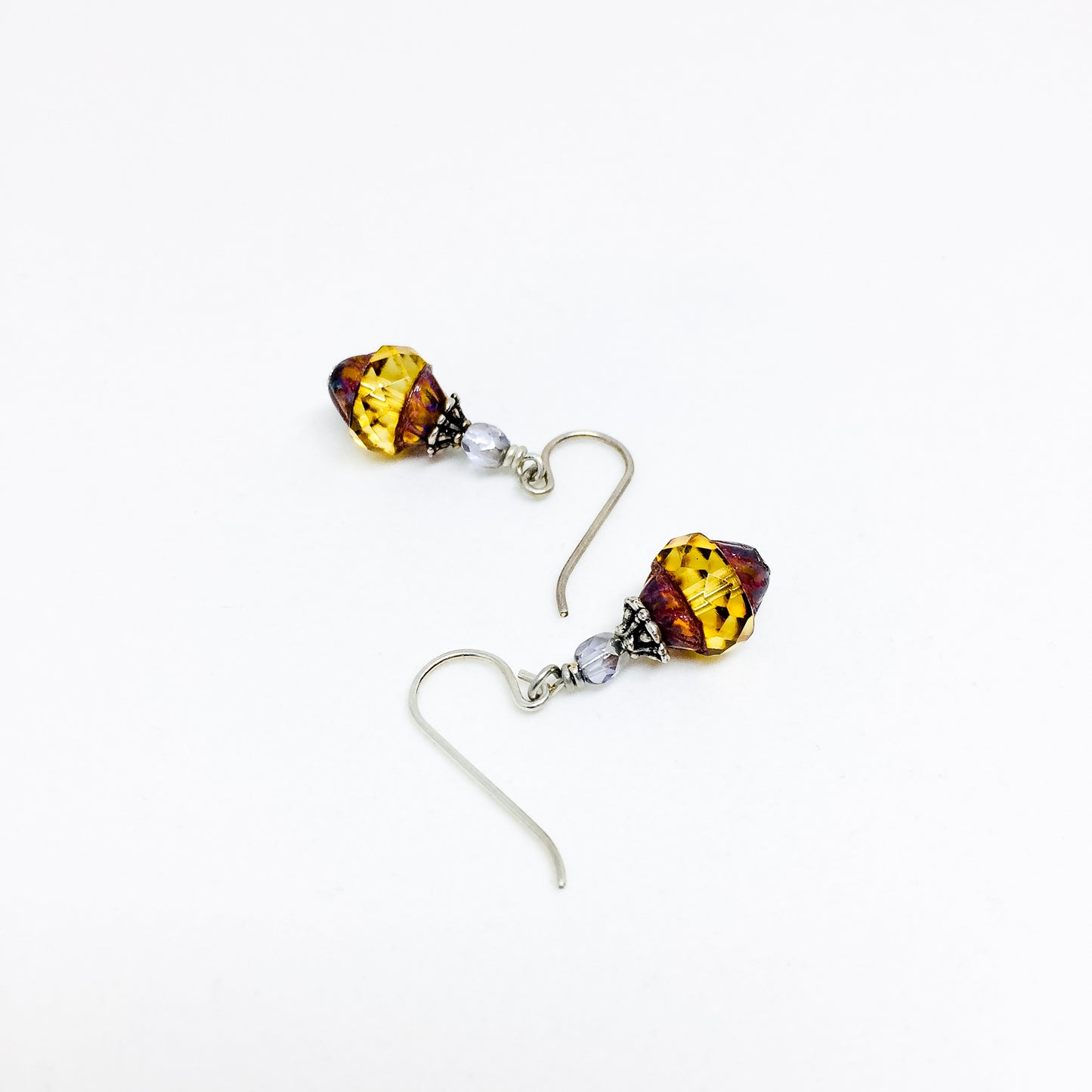 Czech glass earrings cathedral faceted band amber