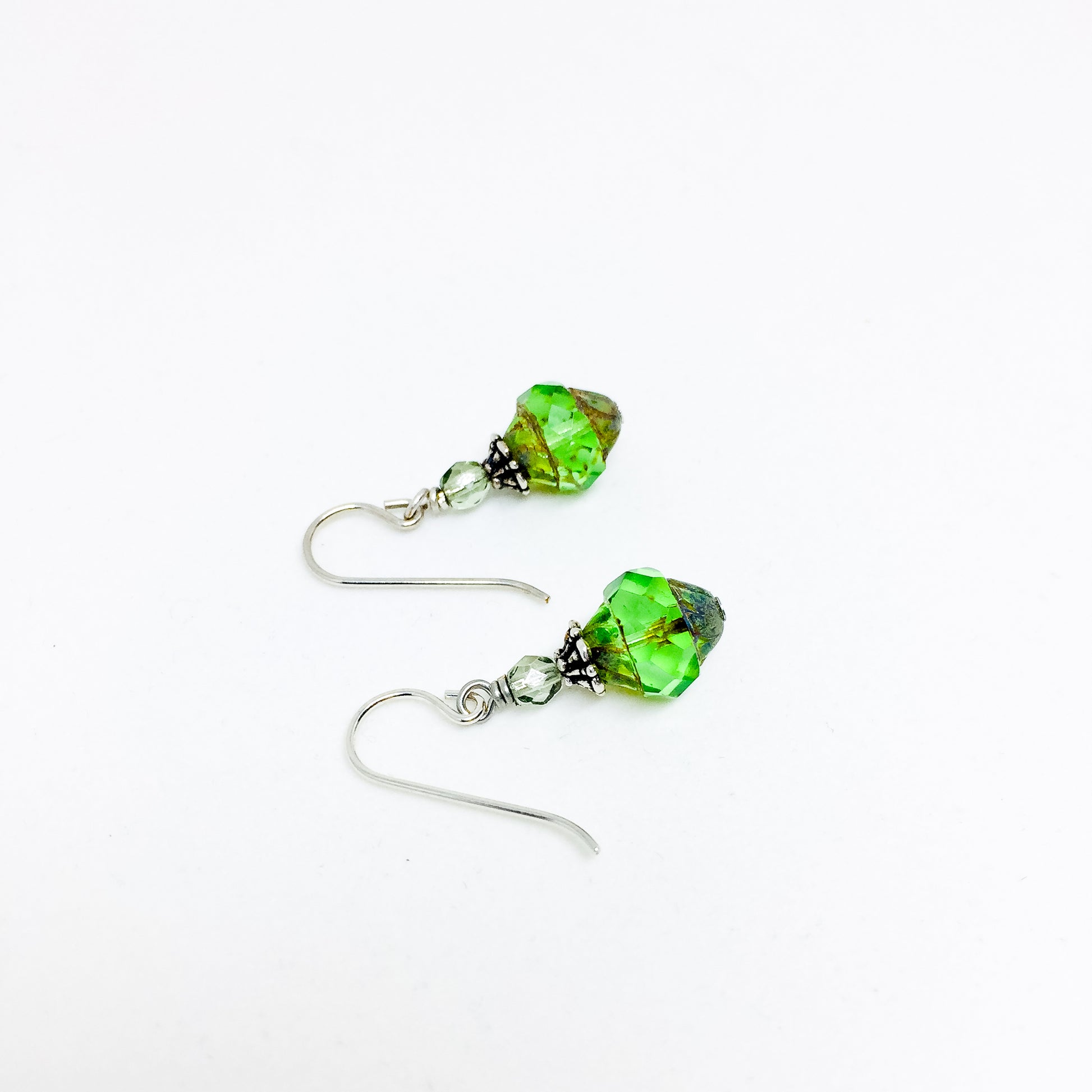 Czech glass earrings cathedral faceted band peridot