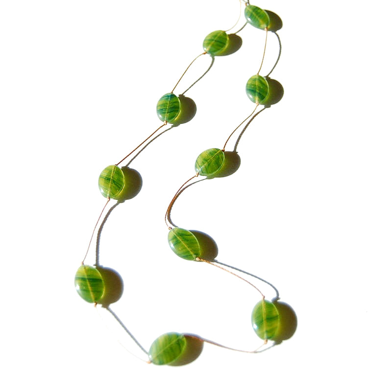 Flat green oval Czech glass bead long single strand necklace