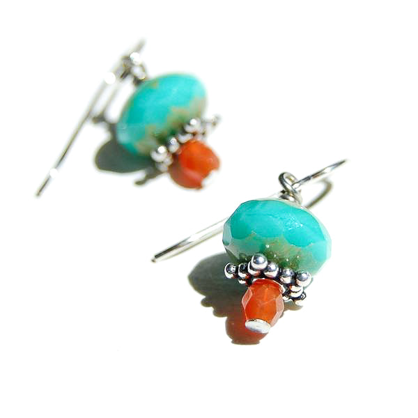 Small orange and turquoise-colored faceted Czech glass beads on silver wire