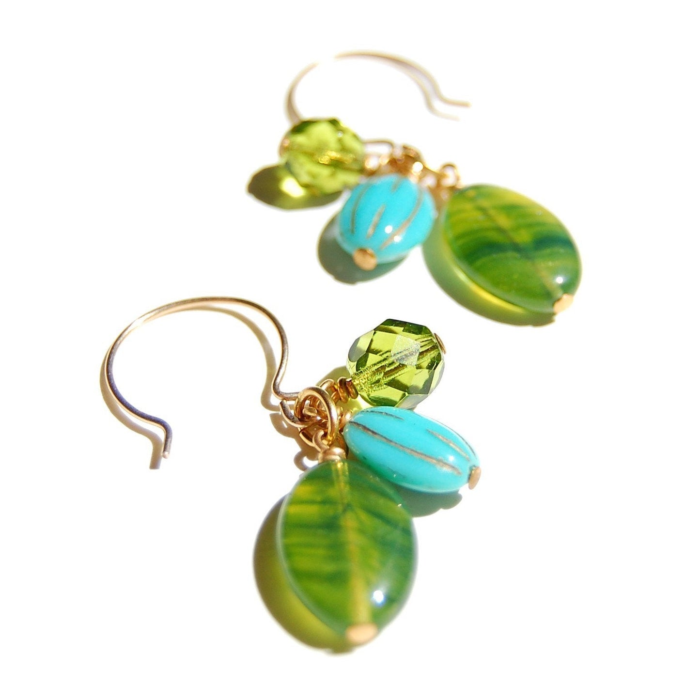 Triple drop cluster earring with Czech glass beads in greens and blue