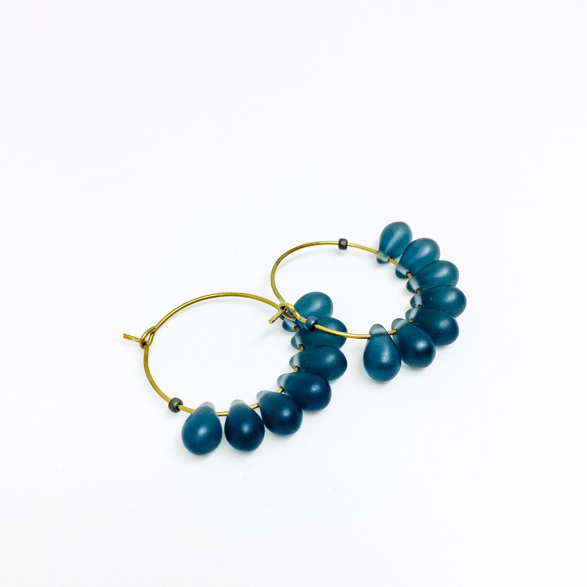 Dewdrop beaded glass hoop earrings in montana blue