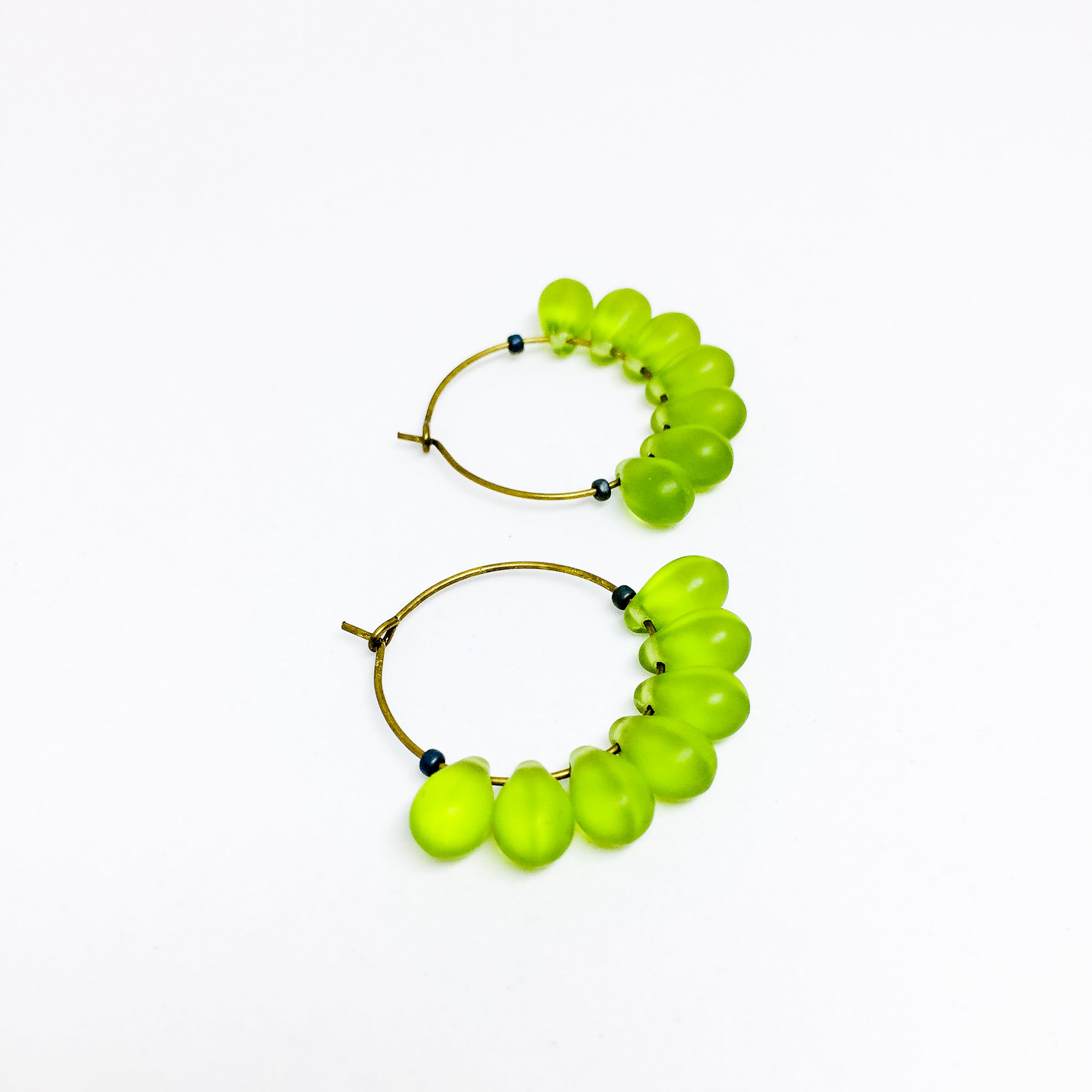 Dewdrop beaded glass hoop earrings in green