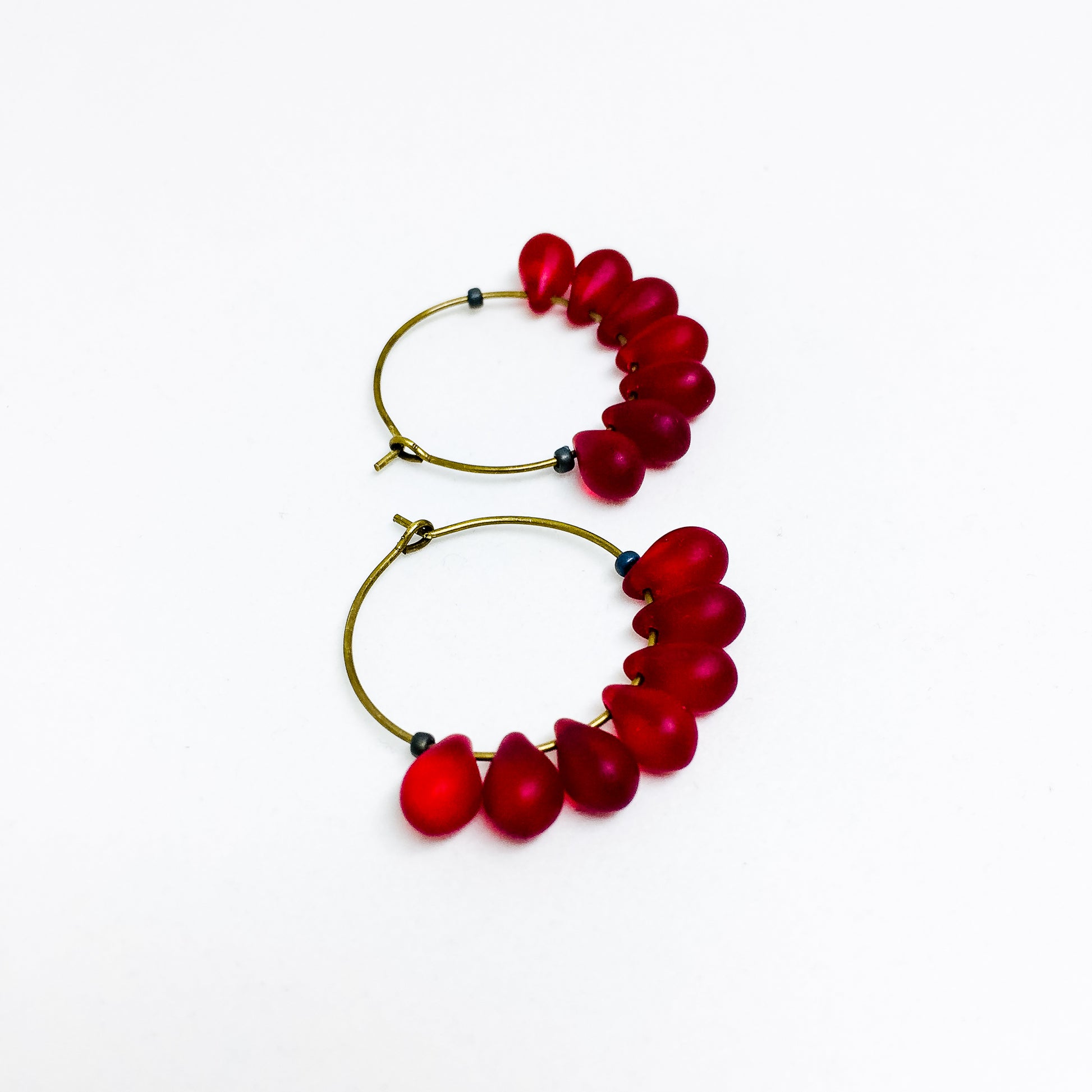 Dewdrop beaded glass hoop earrings in ruby red