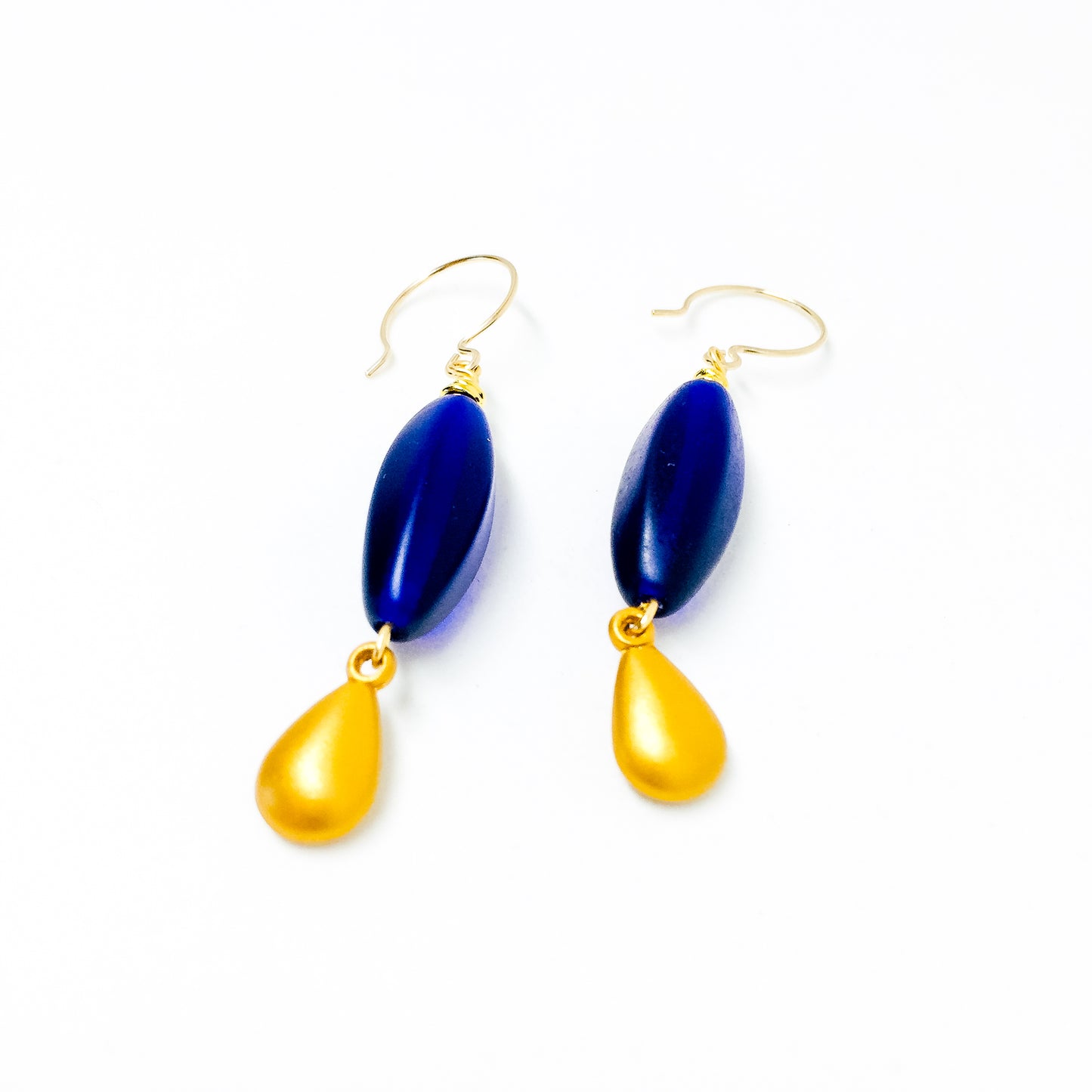 Blue Frosted Czech glass bead drop earrings with gold charm