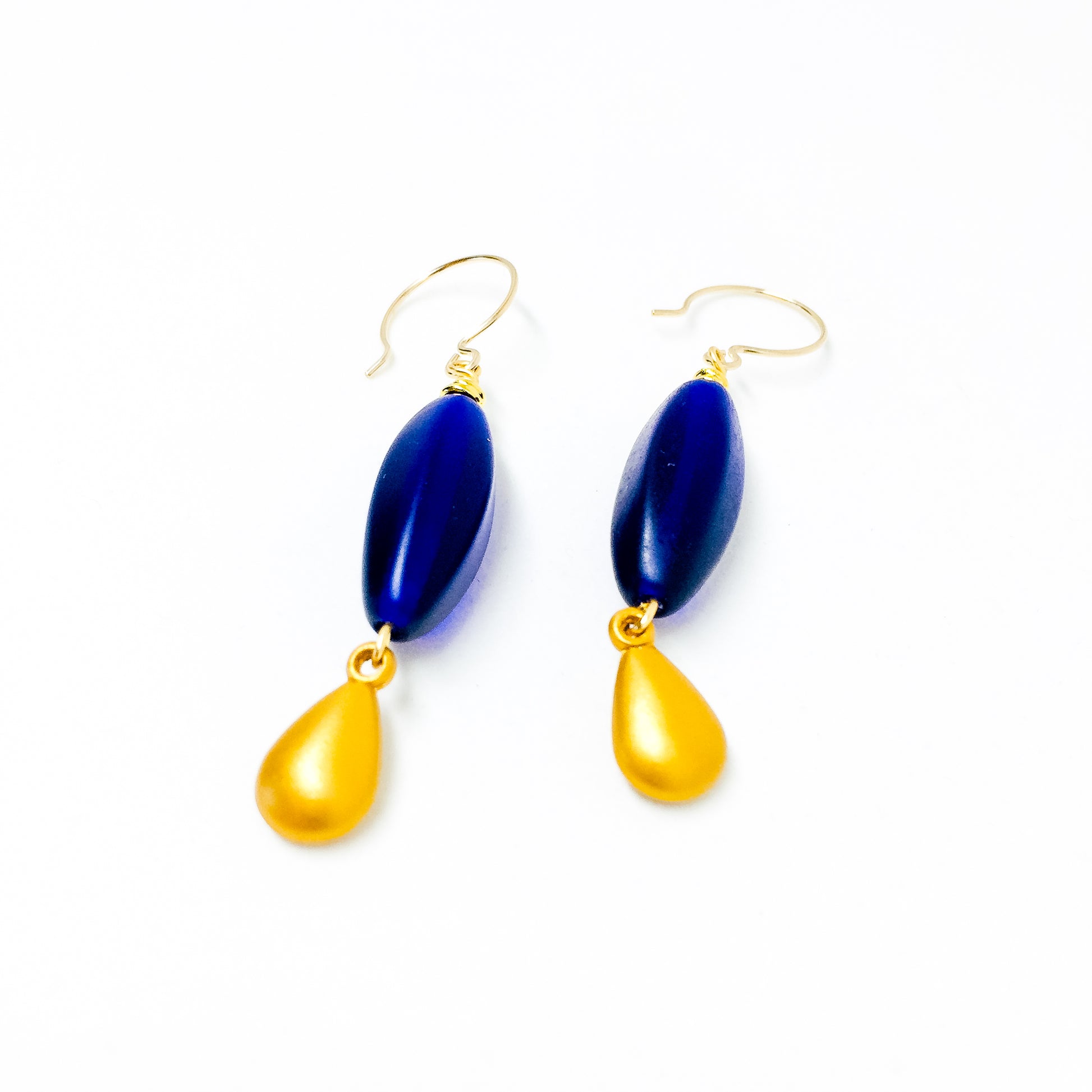 Blue Frosted Czech glass bead drop earrings with gold charm