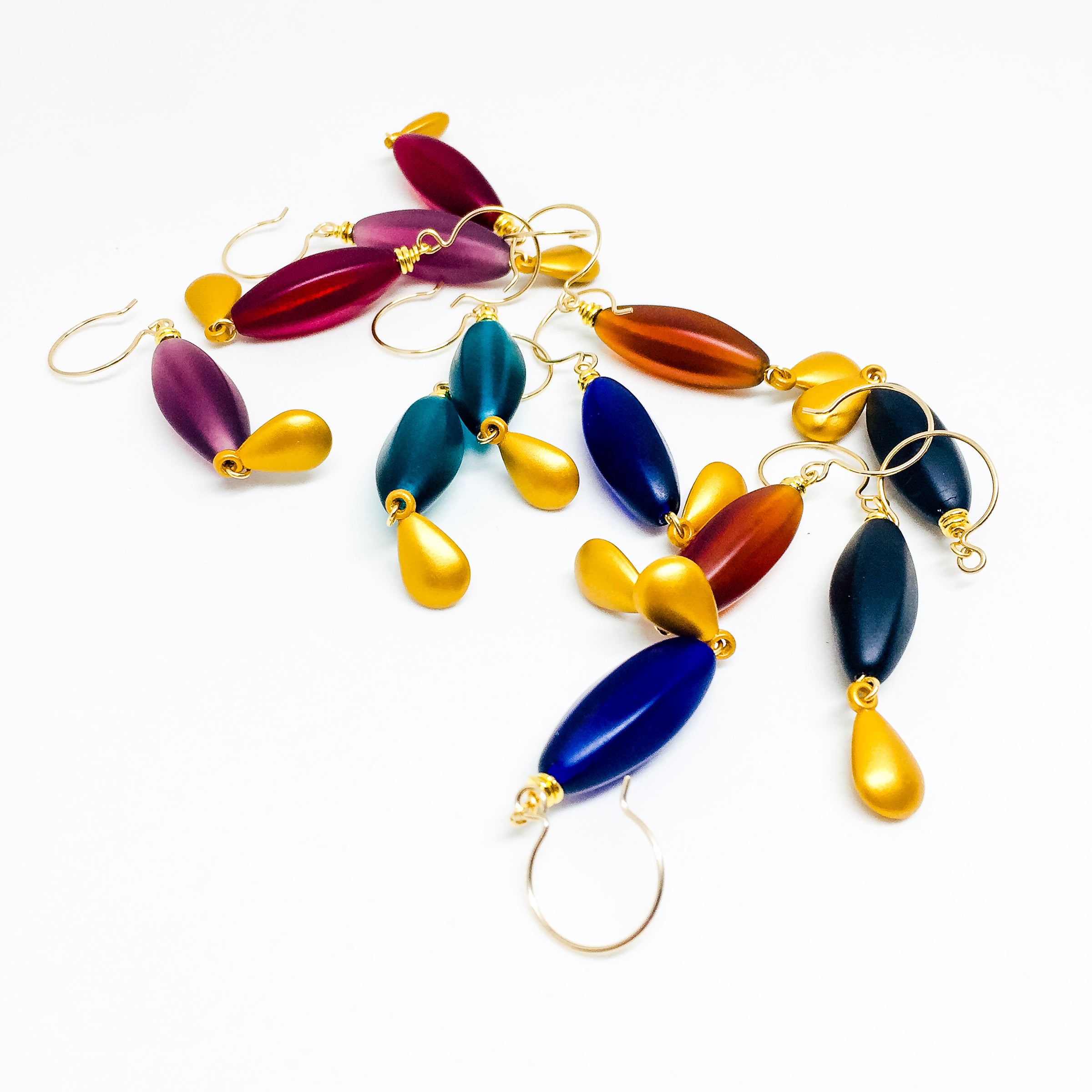 Frosted Czech glass bead drop earrings with gold charm