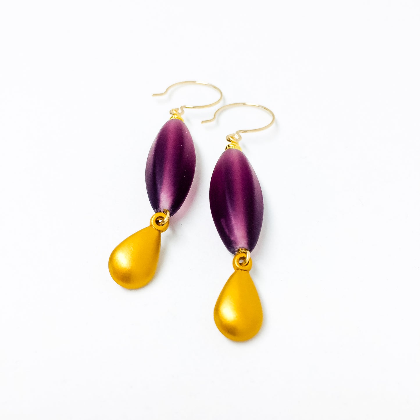 Plum frosted Czech glass bead drop earrings with gold charm