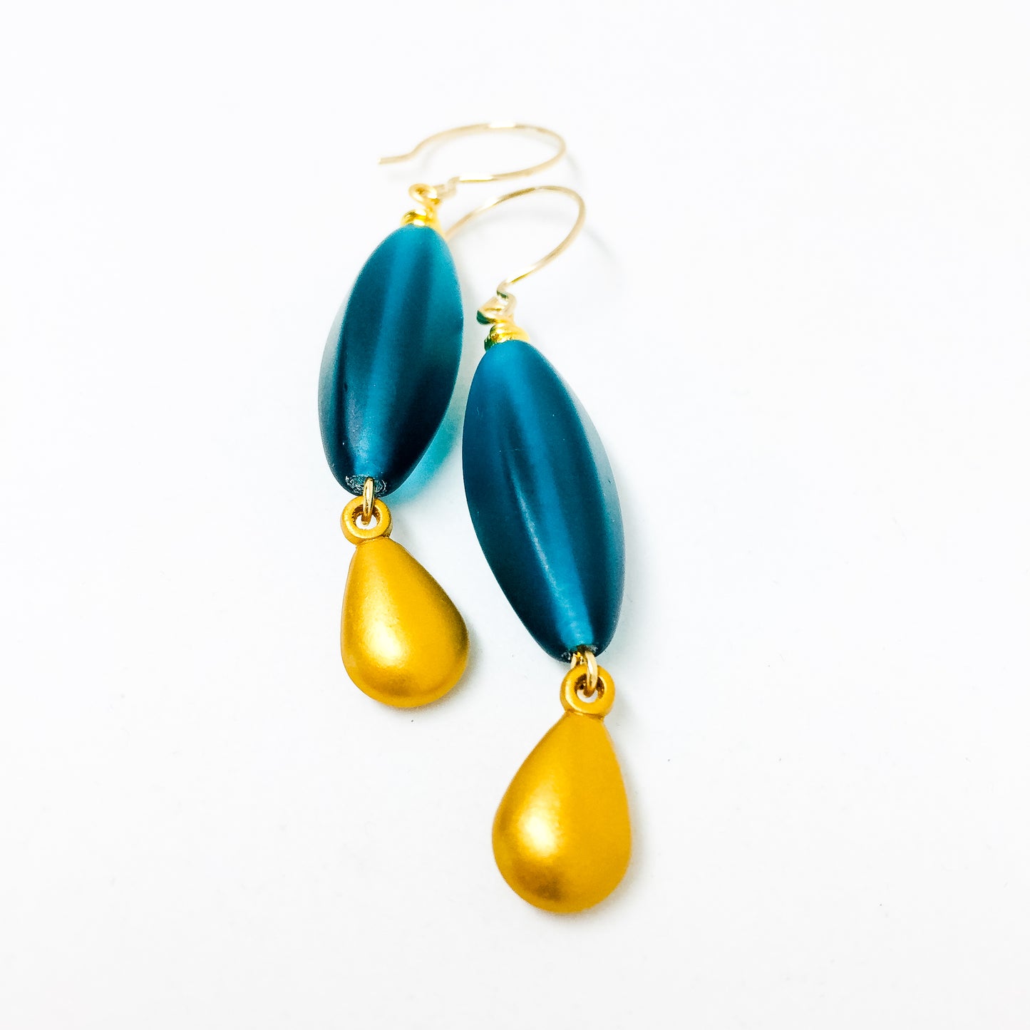 Teal frosted Czech glass bead drop earrings with gold charm