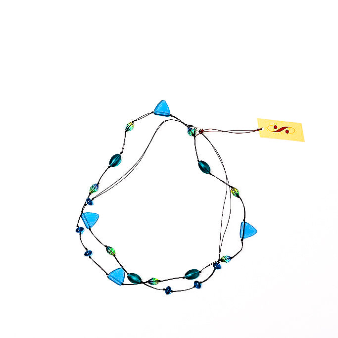 Frosted Czech glass long triangle teal necklace, doubled